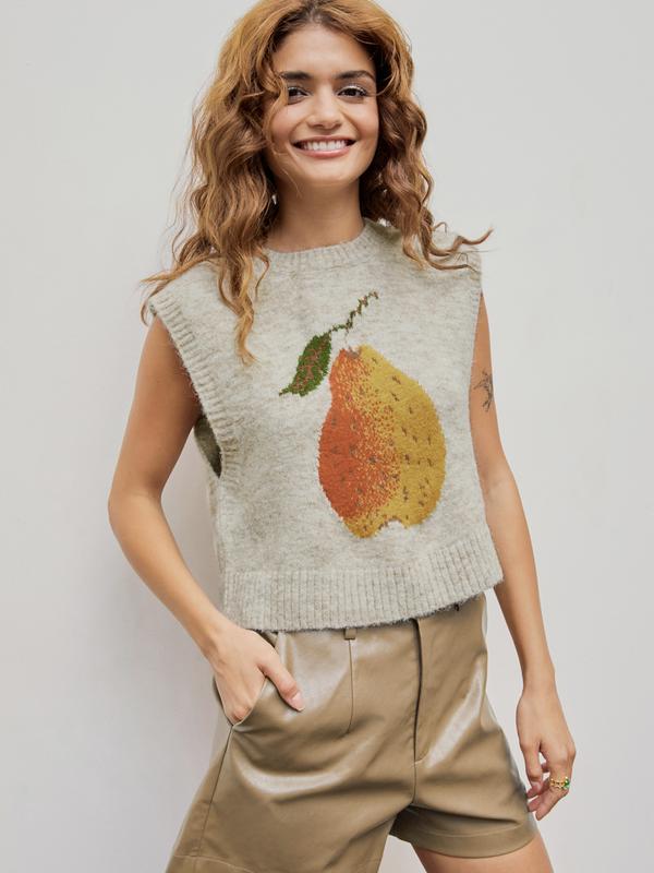 Knit Wool-blend Round Neckline Pear Graphic Vest