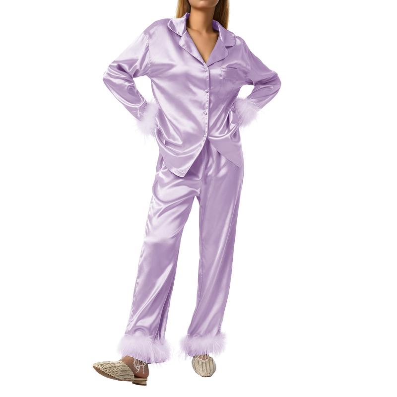 Women Sleepwear Feather Trim Button Down Lapel Long Sleeve Shirts and Pants Sets Ladies Pajamas Sets Elegant Chic Loungewear