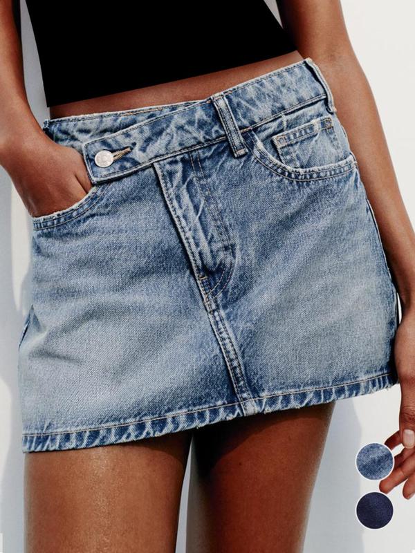 Women's Plain Overlap Waist Zipper Fly Denim Vintage Skirt, Back To School Outfits, Casual Mufti Clothes, Button Pocket Mini Skirt, Lady Bottoms for Fall, Womenswear, Fall Outfits, Fallfreshness, Downtown Girl Clothes, Preppy 80s Clothes