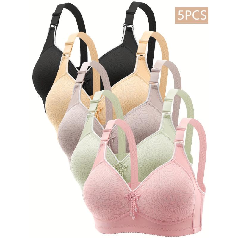 5-Pack Wireless Bras with Adjustable Straps and Lace Trim, Comfort Print No Underwire Bra Set for Women, Assorted Colors