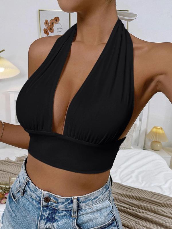 Women's Backless Tie Back Top, Casual Ruched Halter Neck Top, Summer Clothes Women, Ladies Clothes for Daily Wear