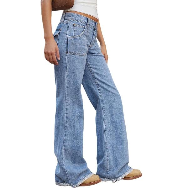 Wash Raw Hem Flap Pocket Wide Leg Low Rise Jeans