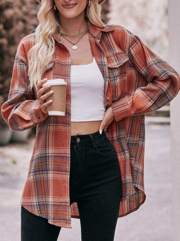 Women's Plus Size Plaid Print Flap Pocket Button Front Blouse, Casual Comfort Drop Shoulder Long Sleeve Shirt, Gift Set, Plus Clothing for Spring & Fall Daily Womenswear, Please Purchase A Size Up