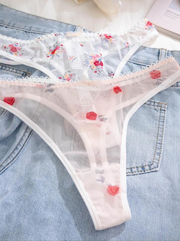 Womenswear Floral Print Lace Trim Mesh Comfortable Thong, Breathable Sheer Drop Waist Lady Panty for Daily Wear, Summer Clothes Women, Panties for Women, Underwear for Women, Ladies Underwear for All Seasons