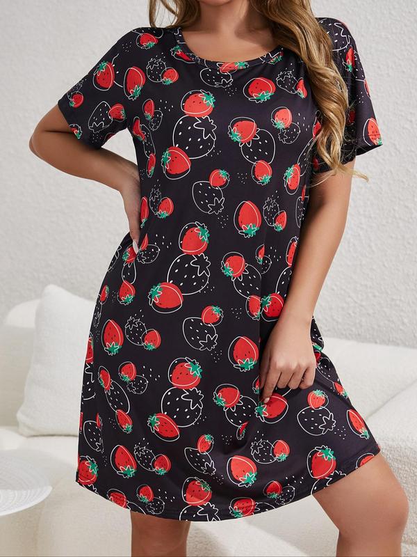 Women's Strawberry Print Round Neck Nightdress, Casual Soft Comfortable Short Sleeve Nightgown for Daily Home Wear, Ladies Sleepwear for All Seasons