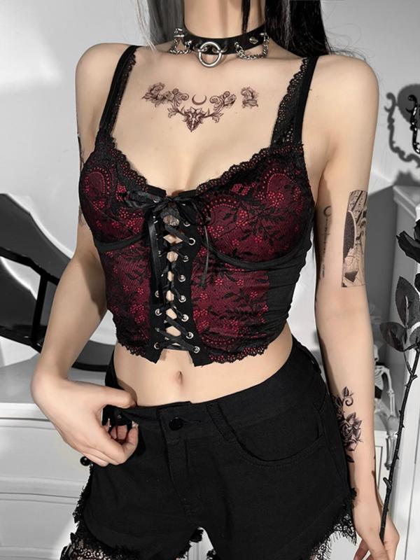 Women's Colorblock Floral Lace Backless Crop Cami Top, Elegant Sweetheart Neck Lace Up Top for Summer, Women's Clothing for Dating Daily Wear