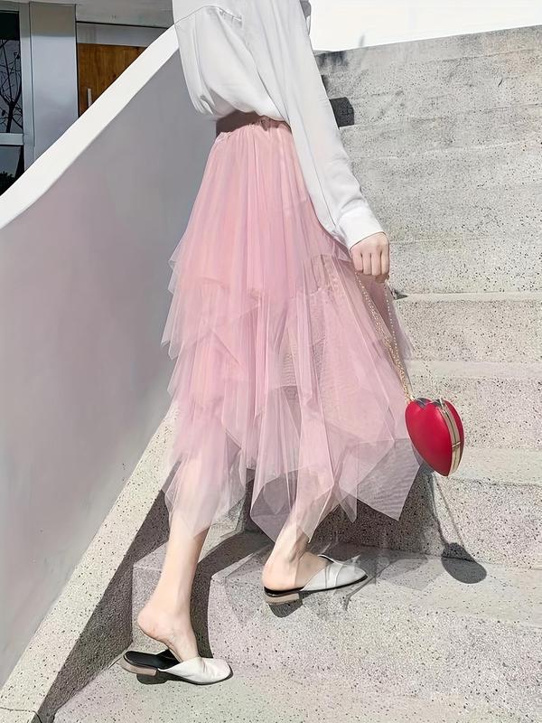 Women's Asymmetrical Hem Tiered Layer Tulle Skirt, Elegant High Waist Midi Skirt For Party Holiday Vacation, Ladies Summer Clothes