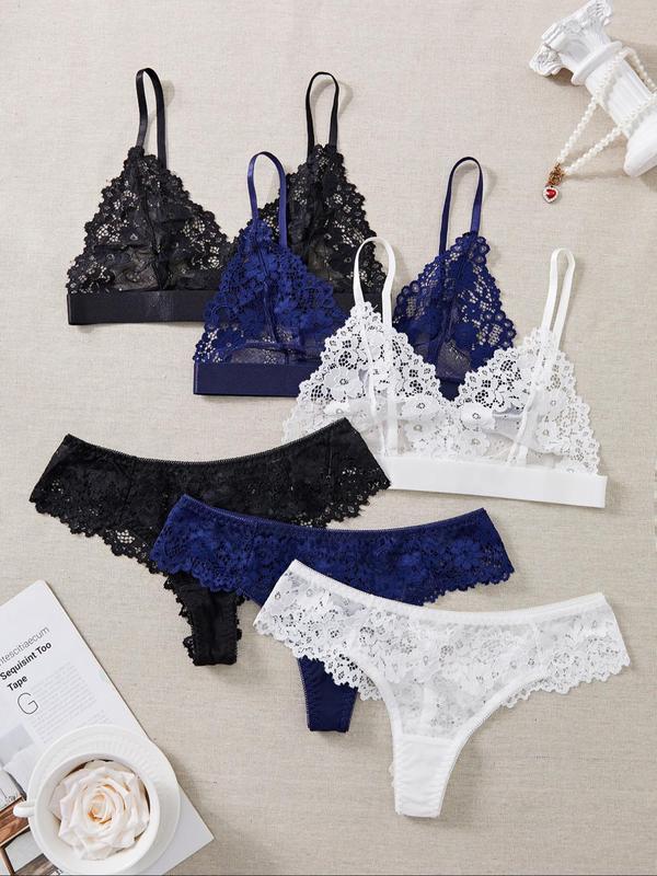 Women's Sheer Floral Lace Sexy Lingerie Set, Adjustable Strap Wireless Bra & Thong Set, Lingerie Set for Women