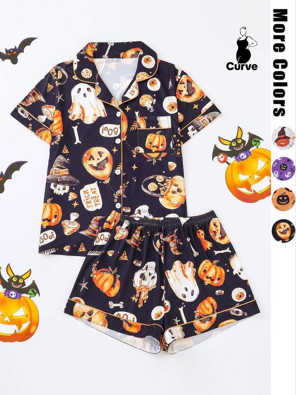  Two-Piece Set Pocket Shirt & Elastic Waist Shorts Pyjama Set Casual Halloween Pumpkin & Skull Print Short Sleeve Button Top & Shorts PJ Set, Halloween Pajamas, Christmas Pajamas, Women's 2024 Sleepwear for Costume Spirit Halloween 2024