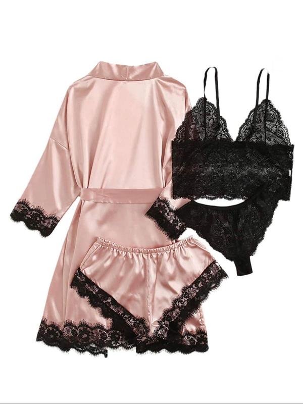 Women's  Contrast Lace Pyjama Set, Comfy Cozy Bra & Panty & Belted Robe & Elastic Waist Shorts Pj Set for Daily Home Wear,  Loungewear Set for Women