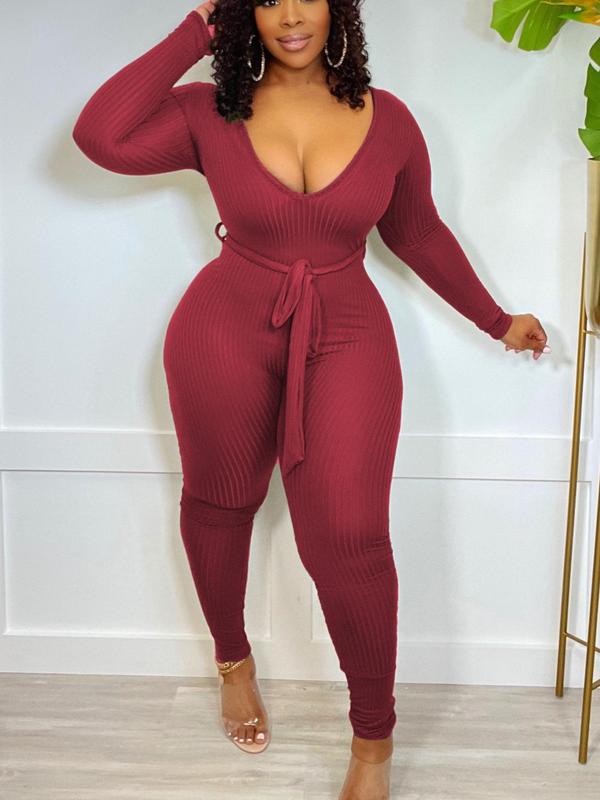 Women's Solid Belted Long Sleeve Jumpsuit, Elegant Deep V Neck Skinny Jumpsuit For Daily Wear, Jumpsuit for Women, Ladies' Clothes For All Seasons