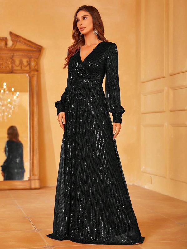 Women's Glitter Sequin V Neck Wrap A Line Evening Dress, Elegant Formal Wear, Bishop Sleeve Maxi Dress For Party & Banquet, Ladies's Clothes For All Seasons