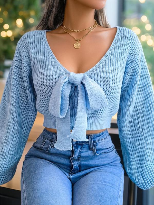 Women's Plain Bow Decor Tie Front Crop Sweater, Casual Bishop Sleeve V Neck Jumper for Fall & Winter, Women's Knitwear for Daily Wear