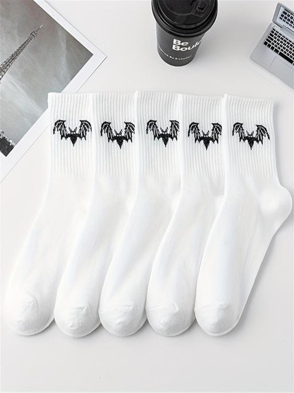 Women's 5 Pairs Bat Print Crew Socks, Fashion Casual Comfy Socks for Daily Outdoor Wear, Women Socks for All Seasons