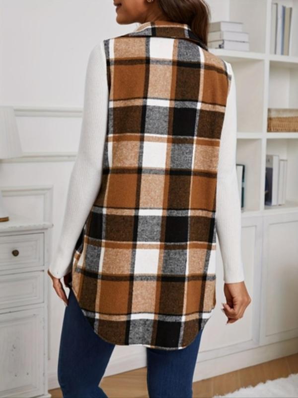 Women's Plaid Print Button Front Pocket Vest Coat, Casual Sleeveless Collared Outerwear for Spring & Fall, Ladies Clothes for Daily Wear