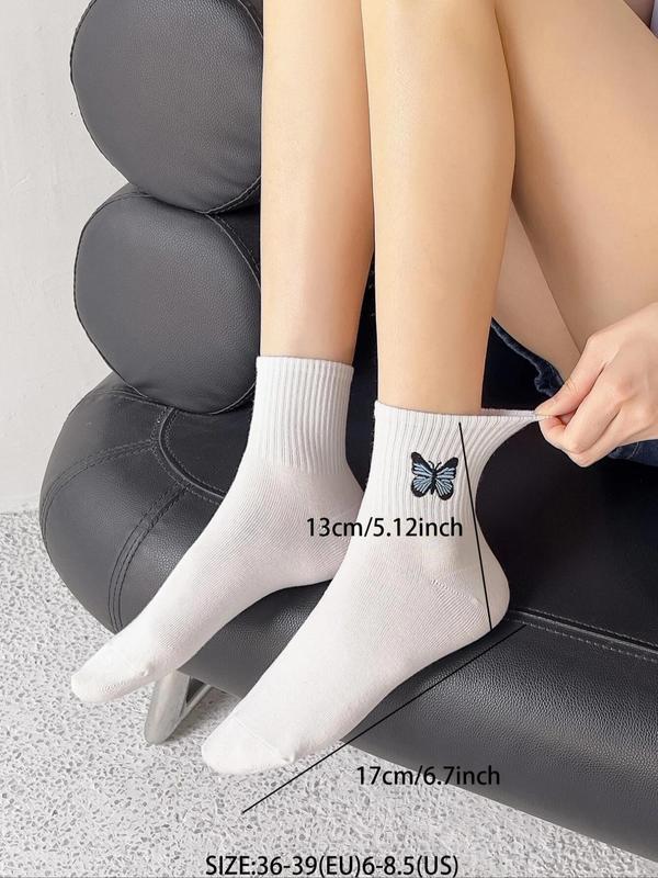 5 Pairs Butterfly Embroidery Crew Socks, Casual Cute Fashion Comfort Socks for Lady, Comfortable Multipack Mid Calf Socks for Daily Wear, Womenswear, Summer Wear 2024