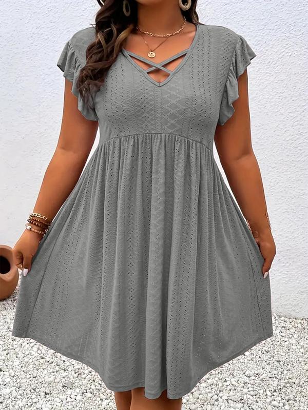  Criss Cross Eyelet Embroidery Butterfly Sleeve Dresses for Women, Fall Outfits, Elegant V Neck Cap Sleeve A Line Dress for Fall, Birthday Dresses 2024, Dresses for Women, Women's Clothes for Daily Wear