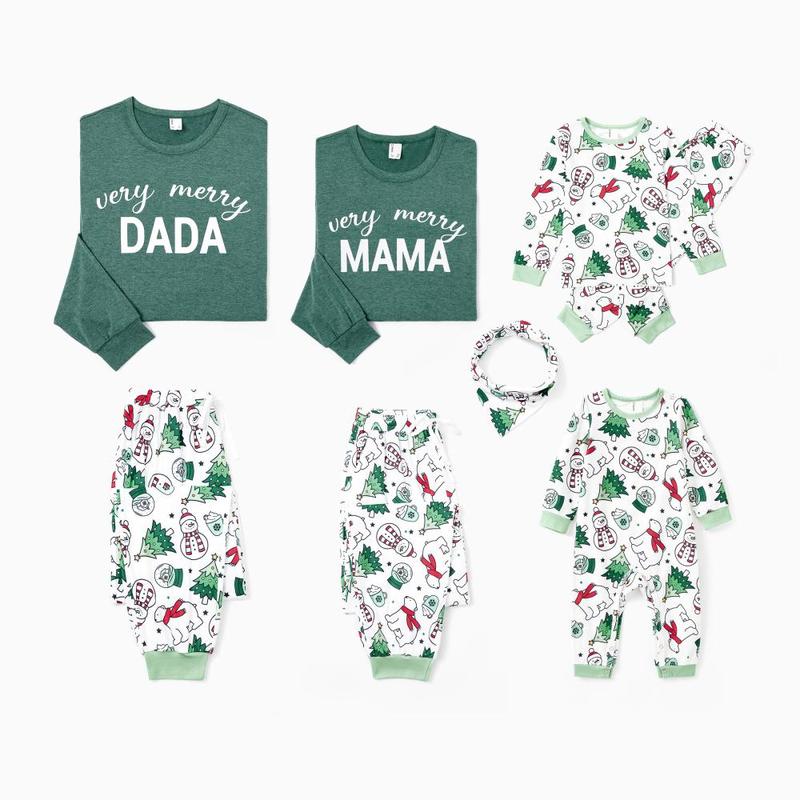 PatPat Christmas Pajamas Soft & Stretchy Family Matching Long Sleeves Christmas Pajamas Family Costume Very Merry Green Tops Allover Pattern Pants Pajamas Sets ( Flame Resistant )