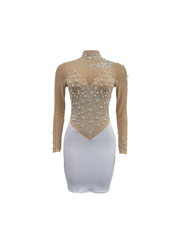 Women's Rhinestone & Faux Pearl Decor Contrast Mesh Bodycon Dress, Elegant Long Sleeve Mock Neck Short Dress for Party Club Dating Wear, Dresses for Women, Ladies Clothes for All Seasons Casual