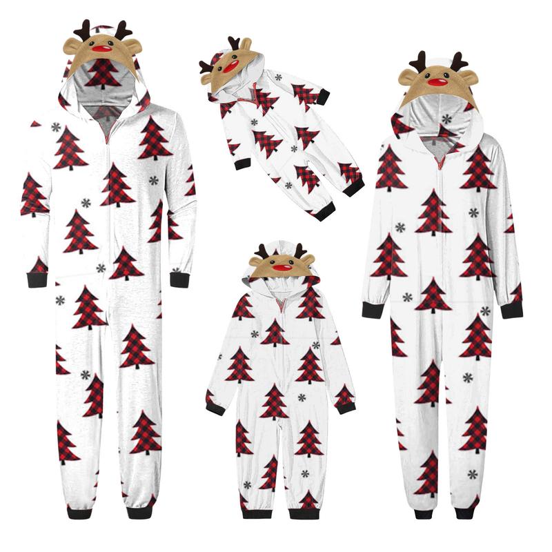 Matching Christmas Pajamas For Family, Long Sleeve Elk Christmas Tree Plaid Snowflake Print Hooded Jumpsuit Sleepwear