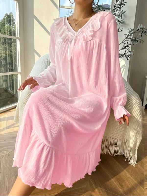 Women's Plain Bow Decor Ruffle Trim Flounce Sleeve Nightdress, Casual Long Sleeve V Neck Nightgown for Spring & Fall, Ladies Sleepwear for Indoor Wear