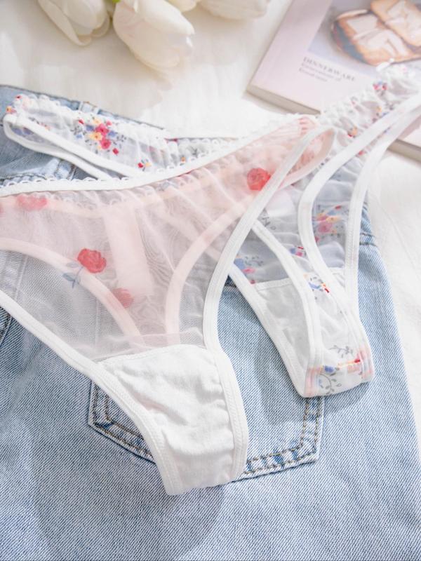 Womenswear Floral Print Lace Trim Mesh Comfortable Thong, Breathable Sheer Drop Waist Lady Panty for Daily Wear, Summer Clothes Women, Panties for Women, Underwear for Women, Ladies Underwear for All Seasons