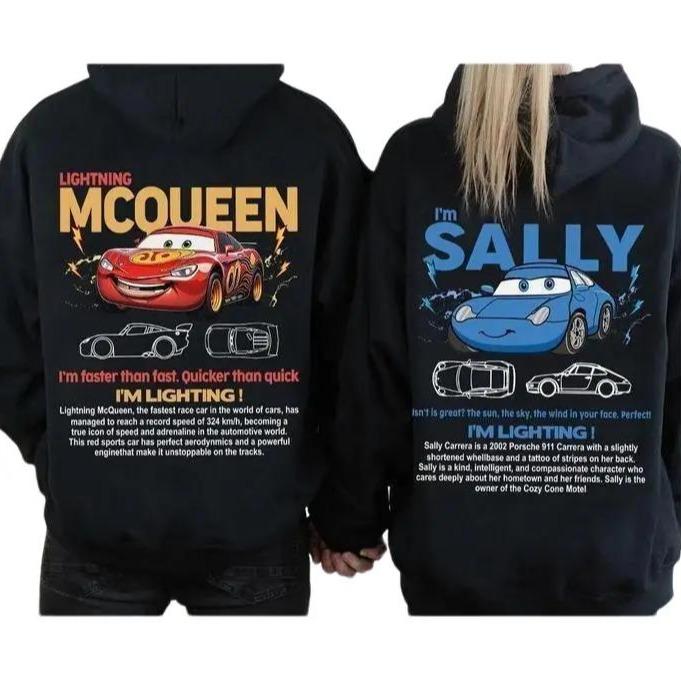 Couple's Matching Back Side Printed Hoodie Sweatshirt T-shirt, I'm McQueen Hoodie, I'm Sally Hoodie, Cartoon Car Graphic Hoodie, Fun Couple Apparel, Cute Matching Shirts, Casual Couple Wear