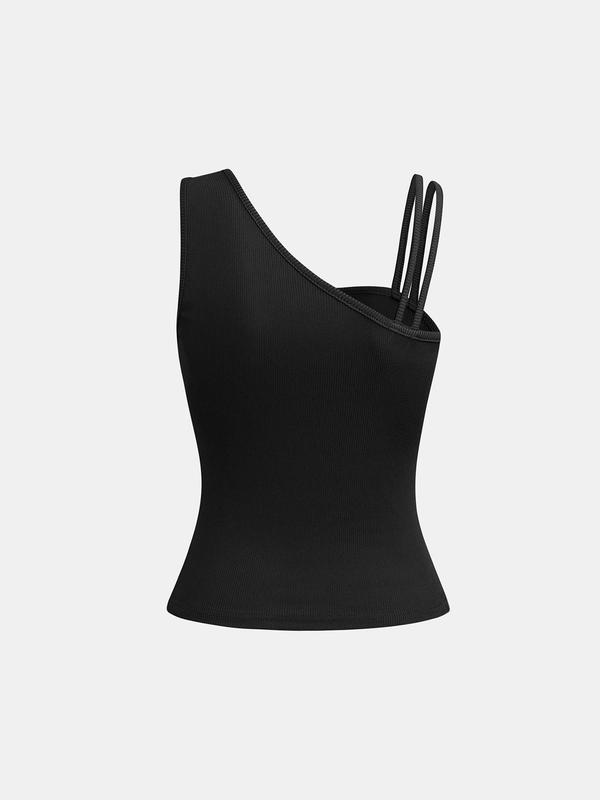 YOZY [3 colors] Plain Asymmetrical Neck Tank Top  Casual Sleeveless Ribbed Top, 2024 Women's Summer Outfits for Daily Wear