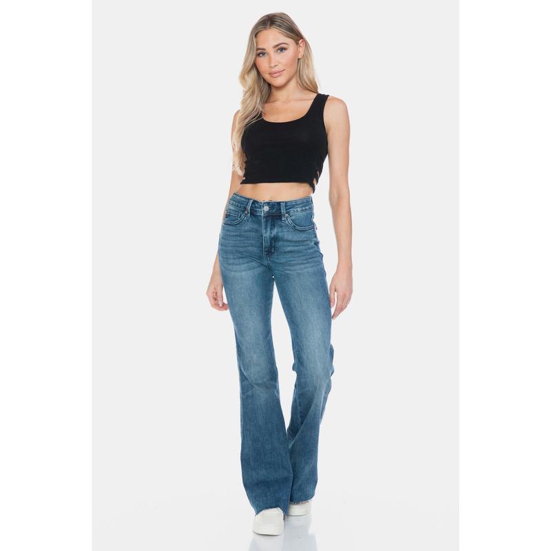 Judy Blue Full Size Tummy Control Cut Hem Flare Jeans Womenswear Bottom Comfortable Twist Underwear Vintage judy blue