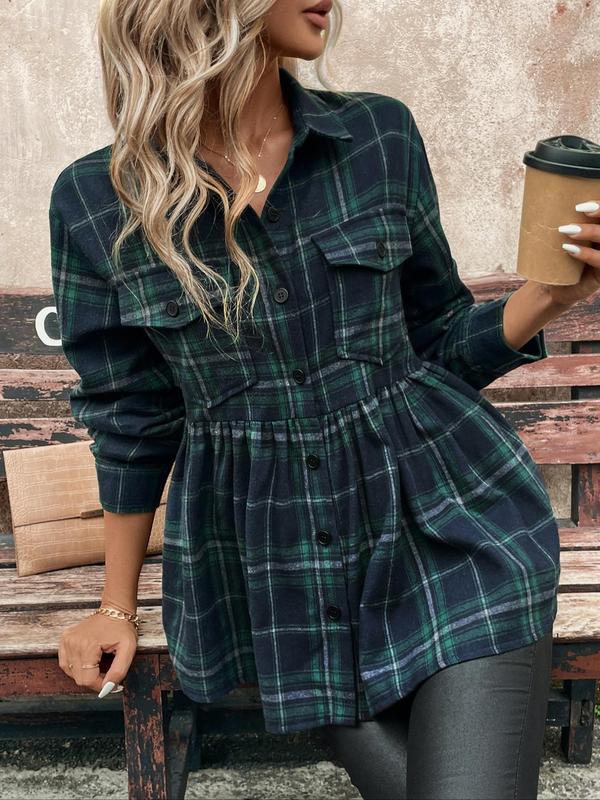  Plaid Print Button Front Pocket Shirt, Casual Long Sleeve Collared Top for Fall & Winter, Women's Clothes for Daily Wear