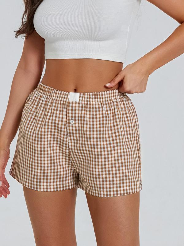 Women's Plaid Print Button Patched Straight Leg Shorts, Casual Comfy Elastic Waist Shorts for Summer, Fashion Women's Bottoms for Daily Wear, Gym Shorts Womenswear