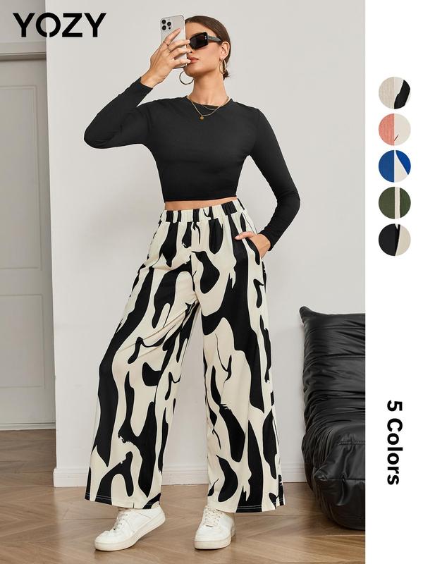 YOZY Christmas Deals, Solid Tee & Graphic Elastic Waist Pants Set  Casual Long Sleeve Top & High Waist Trousers for Fall Holiday, 2024 Women's Daily Wear for Fall & Winter, Christmas 2024 Trend, Fall & Winter Outfits