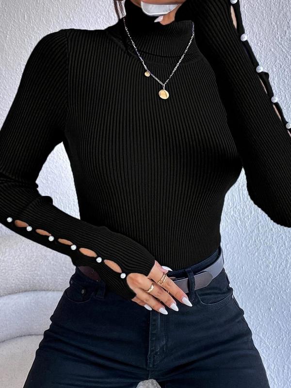 Women's Fashion Plain Button Hollow Out Long Sleeve High Neck Sweater, Basic Casual Turtleneck Jumper for Fall & Winter