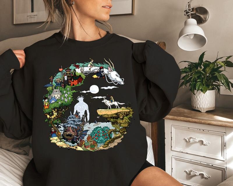 Studio Ghibli Movies Sweatshirt, Howls Moving Castle, Spirited Away, The Boy and the Heron, Hayao Miyazaki, Ghibli Totoro Shirt, Ghibli No Face Shirt, Ghibli Cartoon Shirts, Anime Lover Sweater, Trendy Anime Sweatshirt