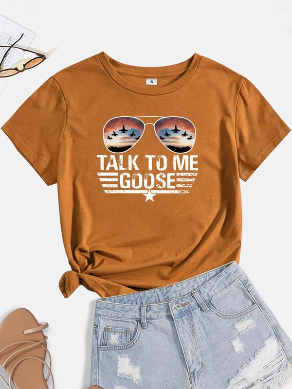 Women's Glasses & Letter Print Round Neck Tee, Summer Clothes Women, Short Sleeve Graphic T-shirt for Summer, Vintage Graphic Tee, Women's Summer Top for Daily Wear