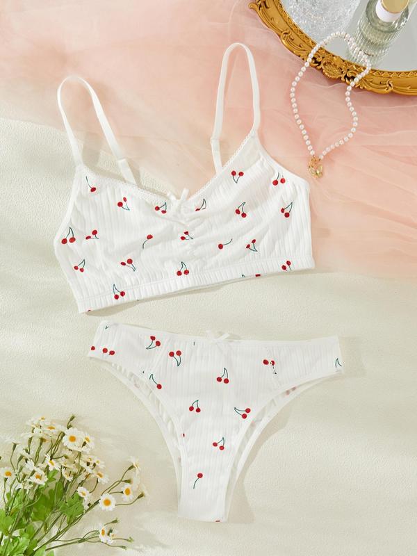 Two-Piece Set Women's Cherry Print Bow Decor Lingerie Set, Casual Cute Adjustable Strap Ruched Lingerie Top & Panty Underwear Set, Underwear Set for Women