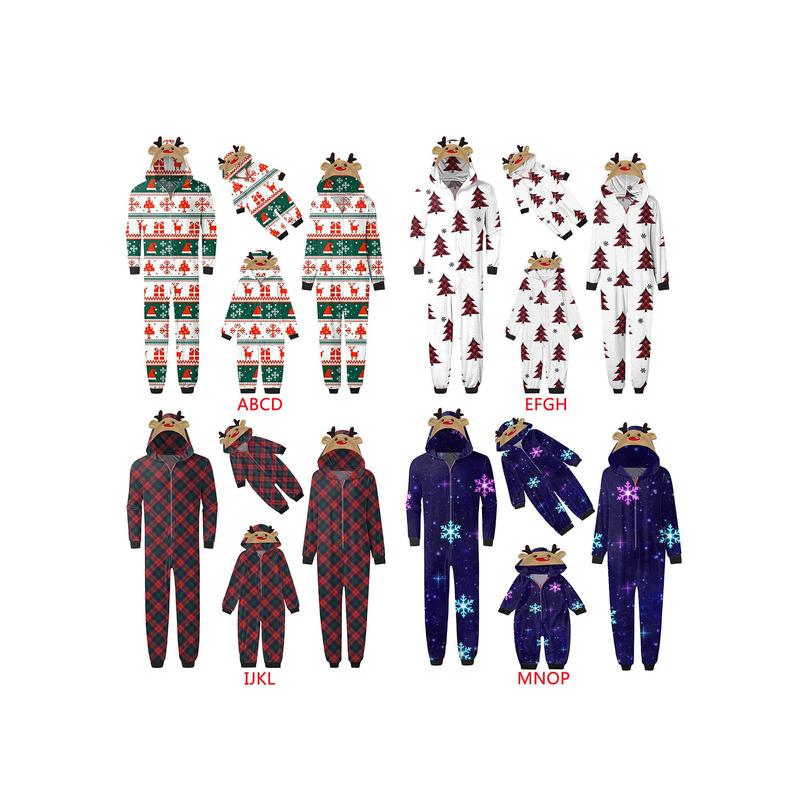 Matching Christmas Pajamas For Family, Long Sleeve Elk Christmas Tree Plaid Snowflake Print Hooded Jumpsuit Sleepwear