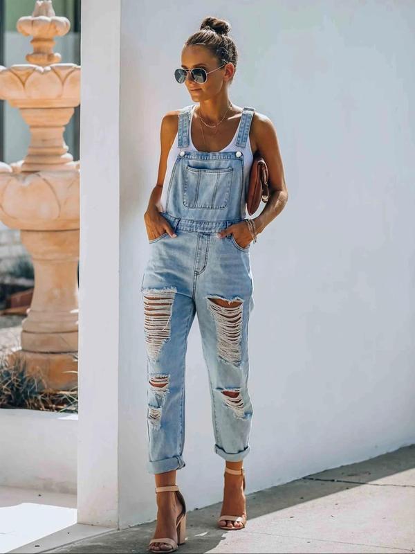  Solid Color Ripped Pocket Denim Overalls, Casual Fashionable Adjustable Strape Overalls Jumpsuit for Daily Wear, Women's Clothing for Summer