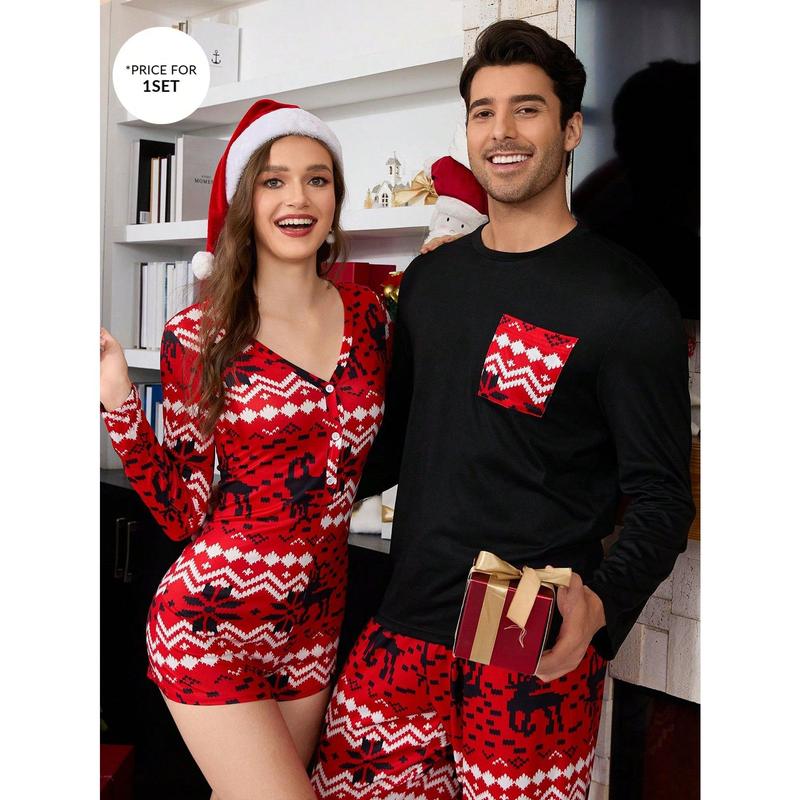 Shein CoupledUp Contrast Color Pocket Christmas Print Men Pajama Set Couple happy christmas matching christmas pajamas Wife family christmas pajamas Christmas Wife Fabric Long Sleeve Fabric Long Sleeve