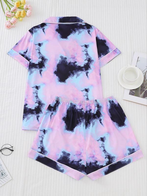 Women's Tie Dye Print Lapel Shirt & Elastic Waist Shorts Pyjama Set, Casual Button Front Short Sleeve Top & Shorts, Ladies Summer Sleepwear