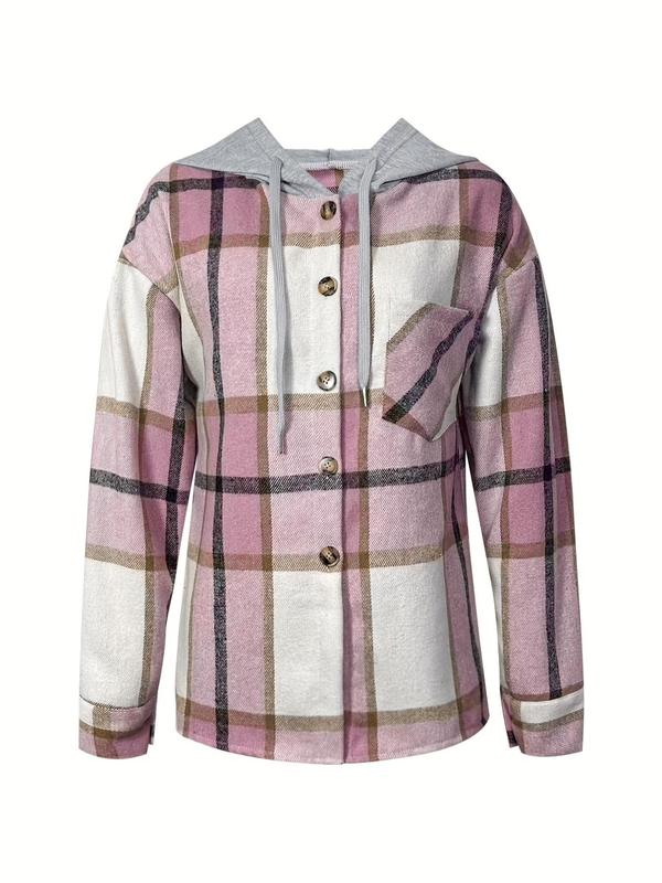 Women's Plaid Print Button Front Hooded Coat, Casual Drawstring Pocket Outerwear For Fall & Winter, Ladies Clothes For Daily Wear