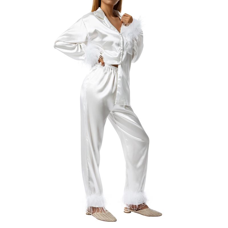 Women Sleepwear Feather Trim Button Down Lapel Long Sleeve Shirts and Pants Sets Ladies Pajamas Sets Elegant Chic Loungewear