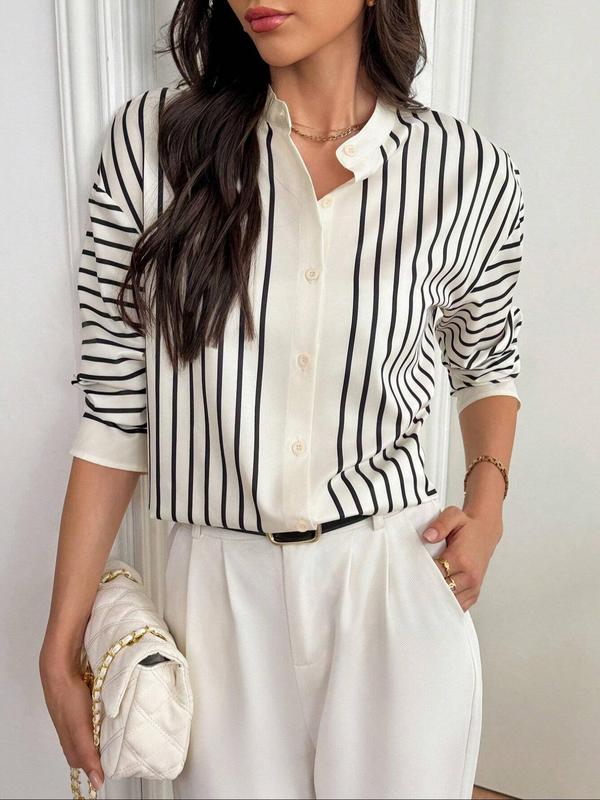 Women's Striped Print Button Front Blouse, Casual Drop Shoulder Long Sleeve Top for Spring & Fall, Women's Clothing for Daily Wear