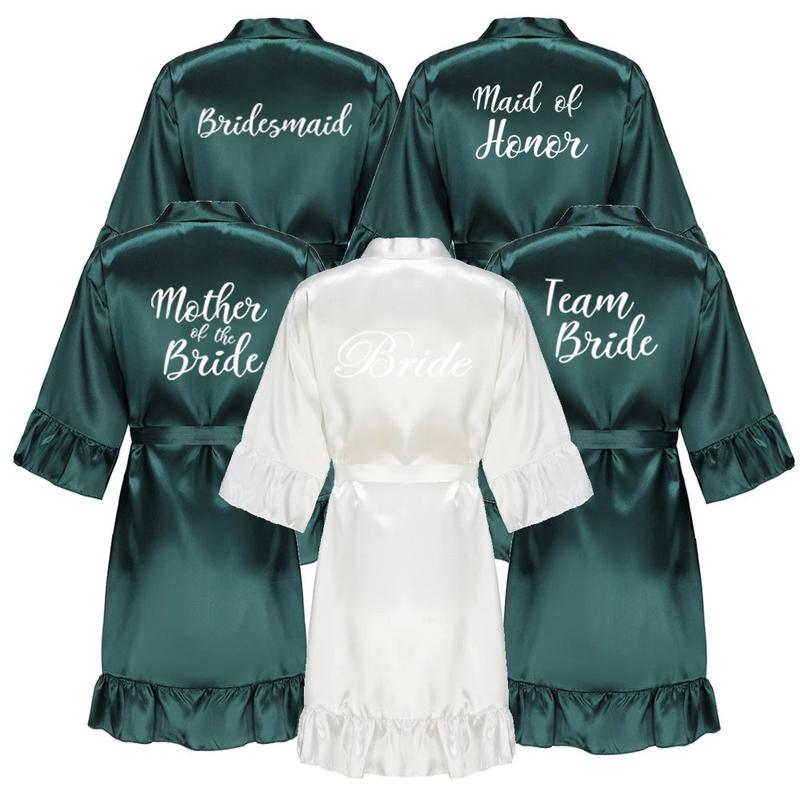 Green Bridesmaid Robes With Ruffle White Letters Satin