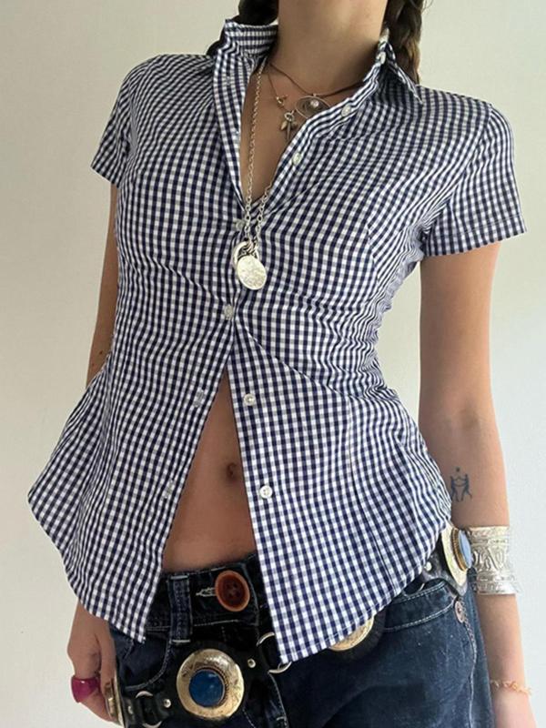 Women's Plaid Print Button Front Shirt, Casual Short Sleeve Collared Top for Summer, Ladies Clothes for Daily Wear