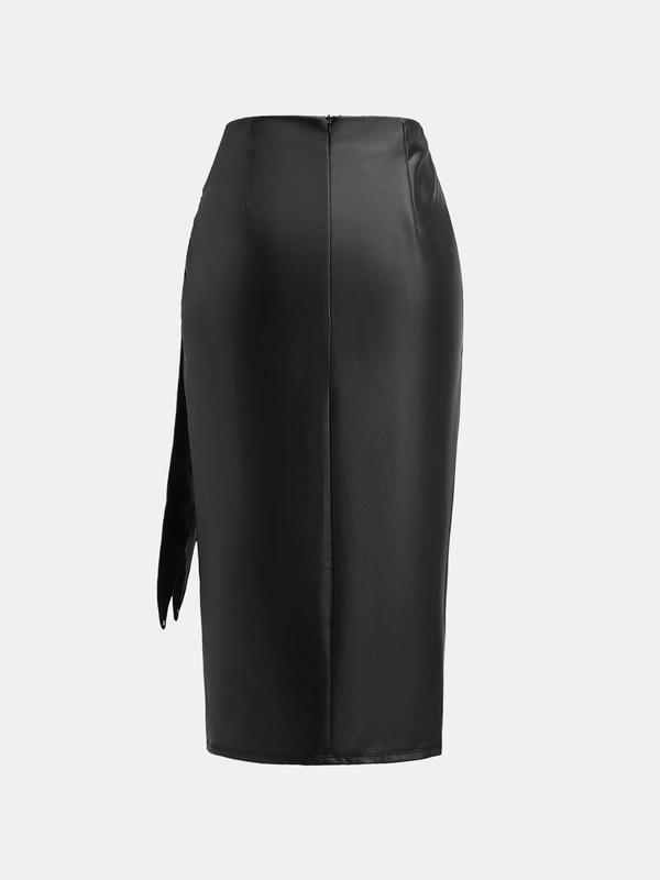 YOZY Women's Solid Ruched Wrap Tie Side PU Leather Skirt, Fashionable Split Hem Bodycon Skirt for Daily Outdoor Wear, Ladies Bottoms for All Seasons