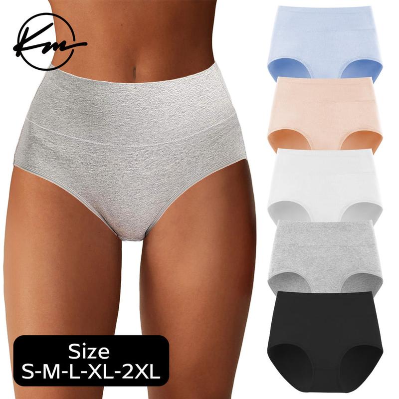 KatchMe Women's Cotton Solid Color High Waist Seamless Skin-Friendly Breathable Panties,5 Pack Double-Layer Stretch Panties,Multipack Cotton Underwear