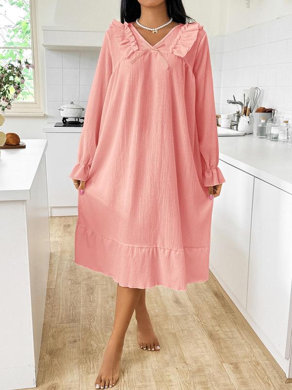 Women's Textured Bow Front Ruffle Trim Nightdress, Solid V Neck Flounce Sleeve Nightgown for Daily Wear, Soft Comfortable Sleepwear for Women