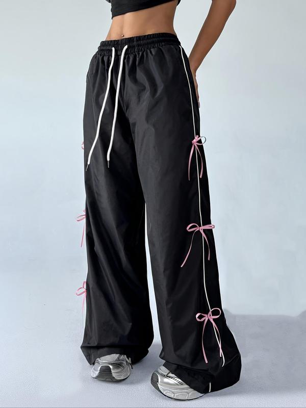 Women's Bow Side Stripe Drawstring Waist Straight Leg Pants, Casual Elastic Waist Pocket Trousers for Spring & Fall, Women's Bottoms for Daily Wear