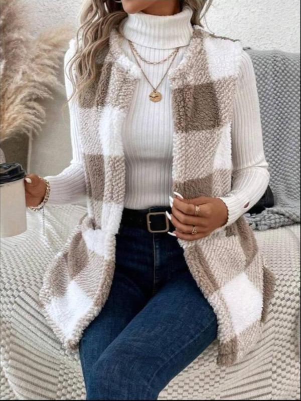 Women's Plaid Print Pocket Open Front Vest Coat, Casual Sleeveless Outerwear for Winter, Ladies Clothes for Daily Wear